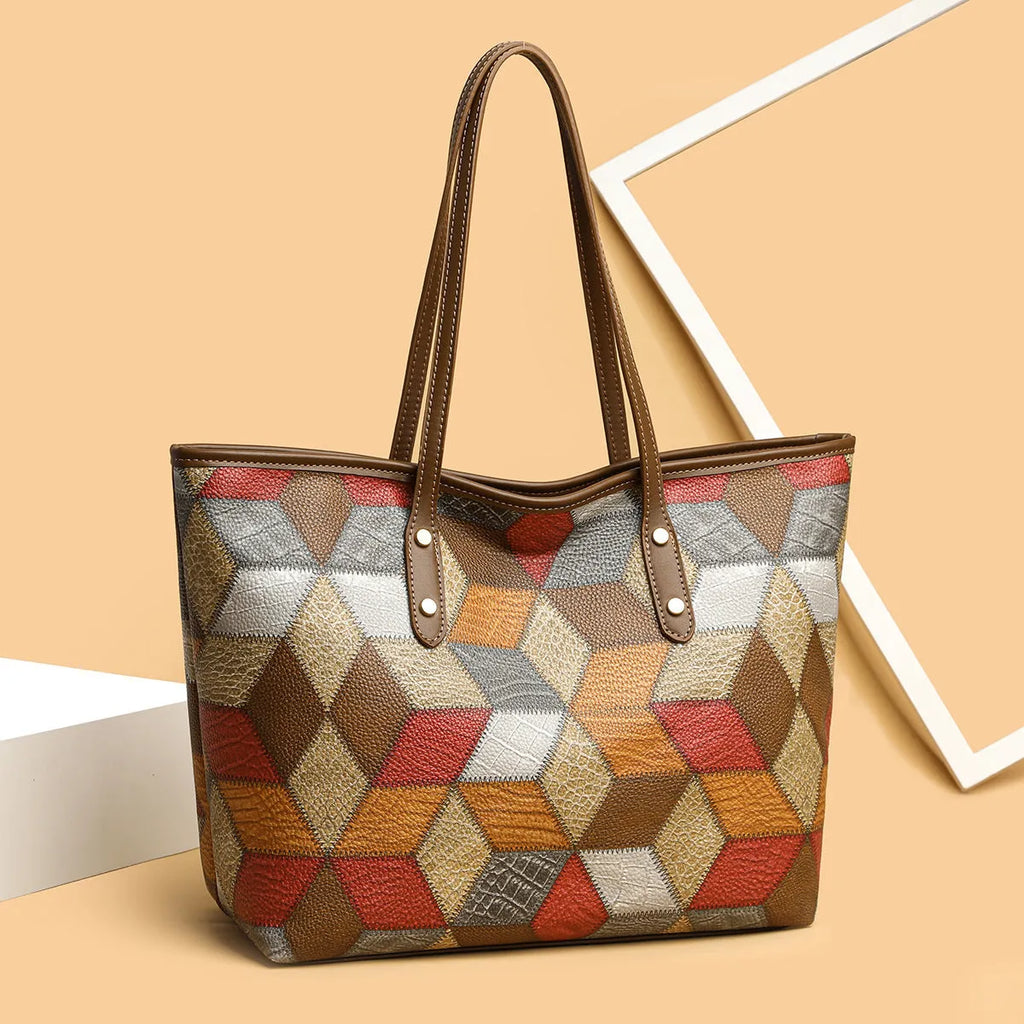 Women's blue brown PVC handbag with sandwich pocket design for business and travel