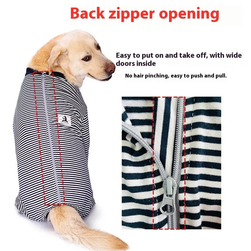 Four-legged dog shirt in striped pattern with sizing from 26 to 38 yards for medium to extra-large breeds