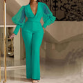 Red mesh stitch detail jumpsuit with elastic waist and wide legs on a mannequin