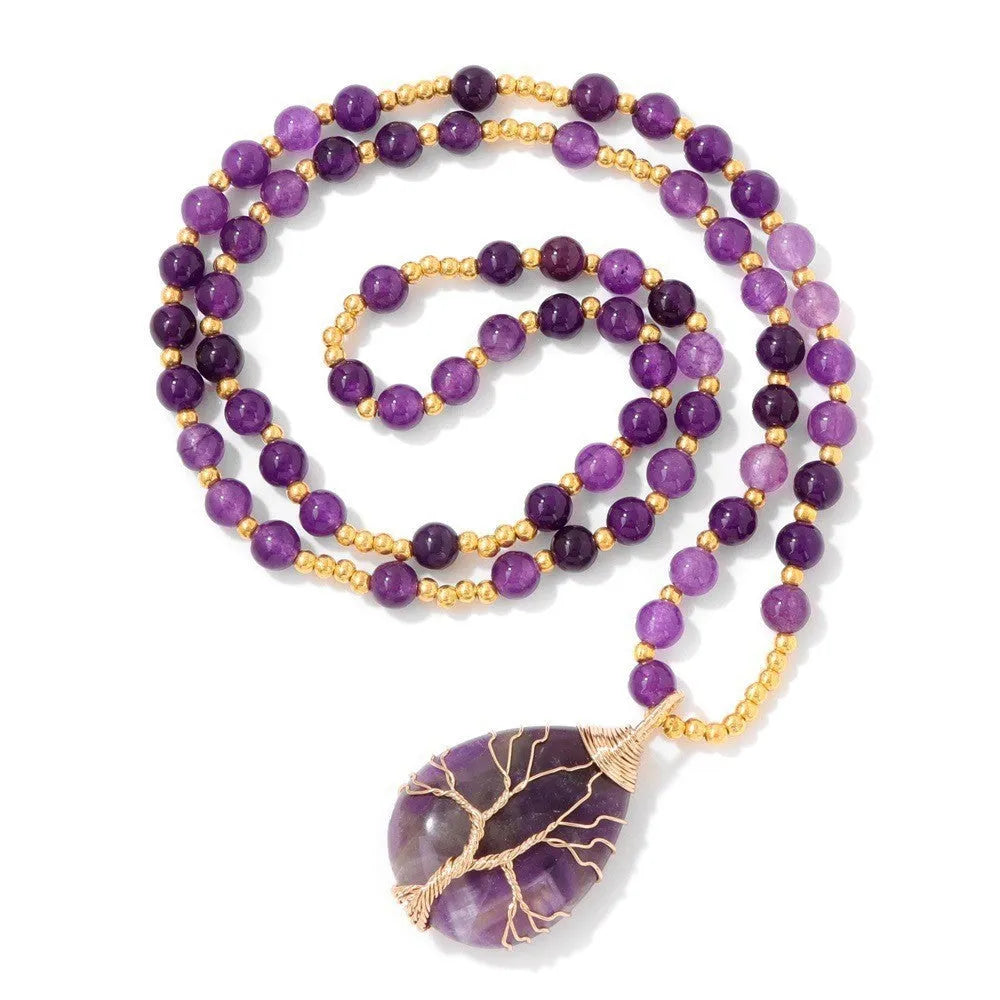 64cm elastic stone pendant necklace with 6mm beads and artificial crystal pendant, seaside beach style