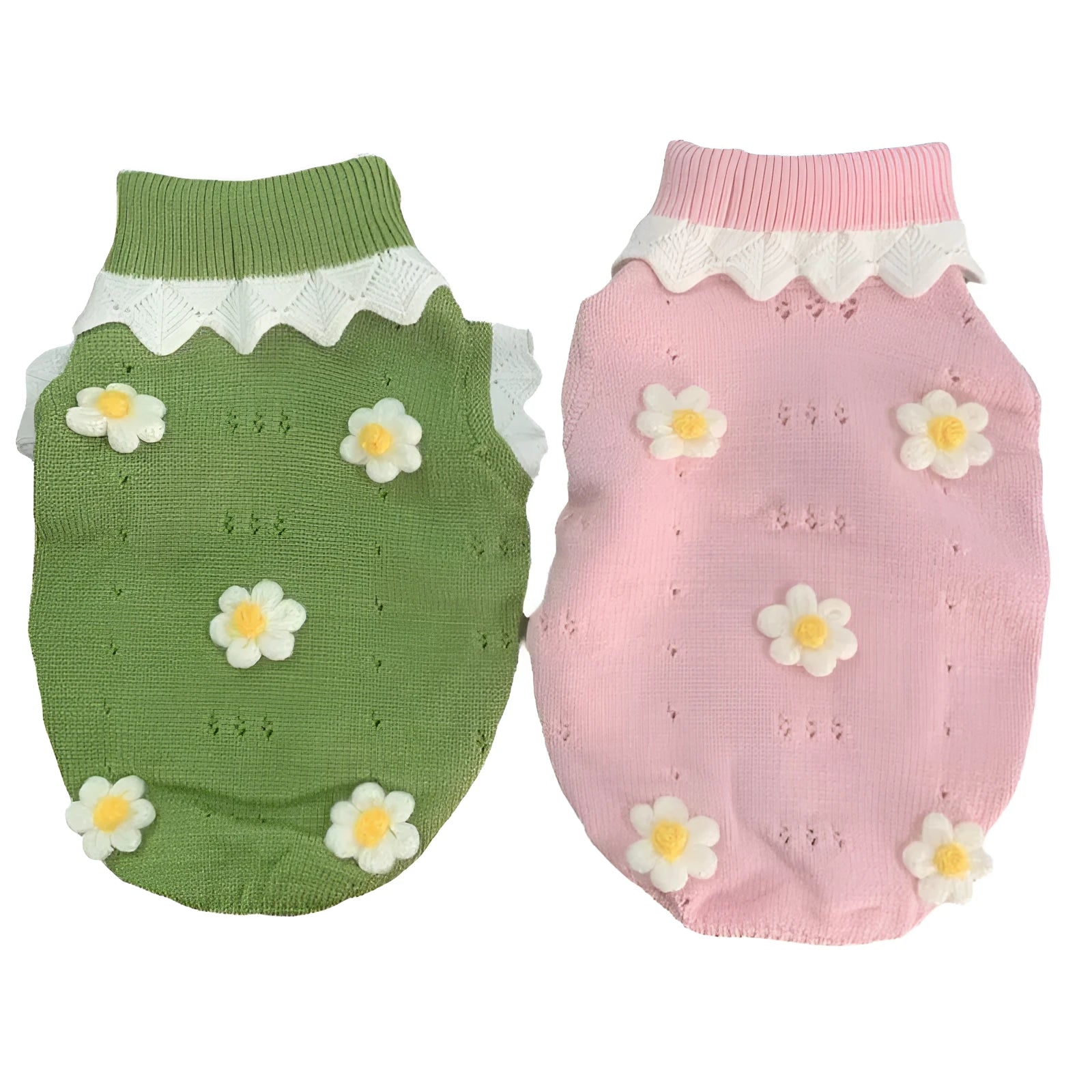 Green floral knitted dog sweater on a small dog, showing size chart for XS, S, M, L, XL.
