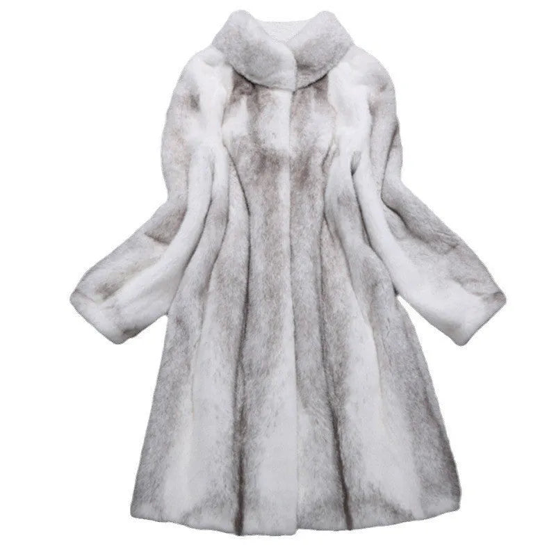 White women's faux fur coat with a stand-up collar, shown full-length.