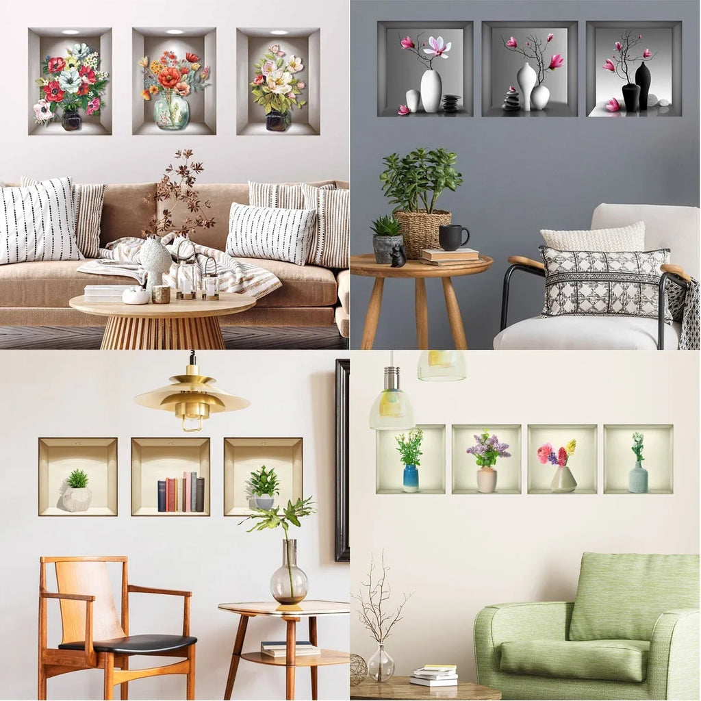 3D vase plant wall sticker, PVC plane wall decal with plants and flowers pattern, 30x45cm 3 sheets