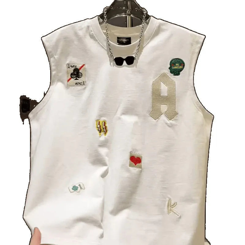 Men's white cotton sleeveless vest t-shirt with a cartoon print on the front.
