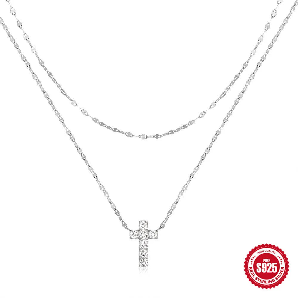 S925 sterling silver double-layer twin diamond cross necklace on clavicle chain in gold finish