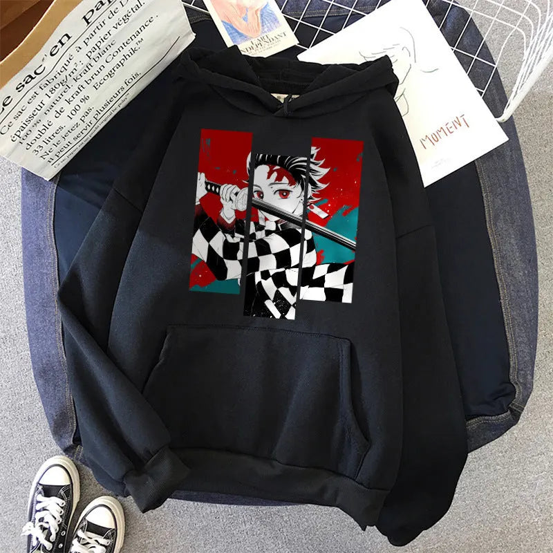 Anime print hooded sweatshirt in loose fit, cotton polyester blend, shown in one of seven colours, sizes XS to 3XL