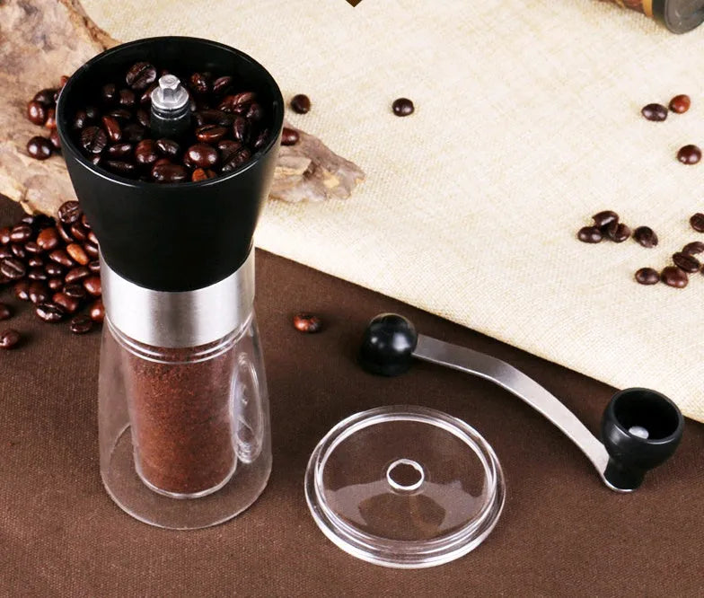 Manual ceramic burr coffee grinder and pepper mill with adjustable settings, 6cm diameter.