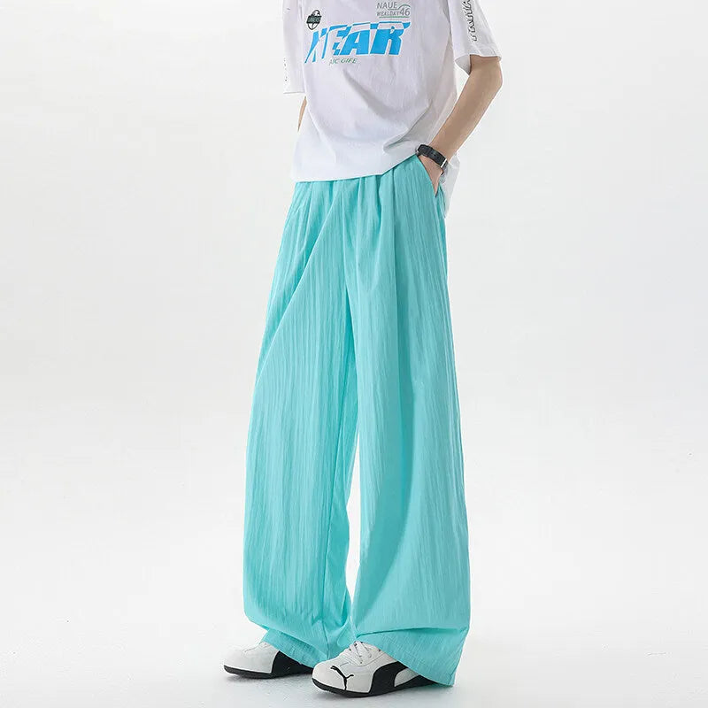 Men's wide-leg high-waist casual trousers in thin polyester blend, straight-leg drop fit, sizes M to 8XL, nine colours