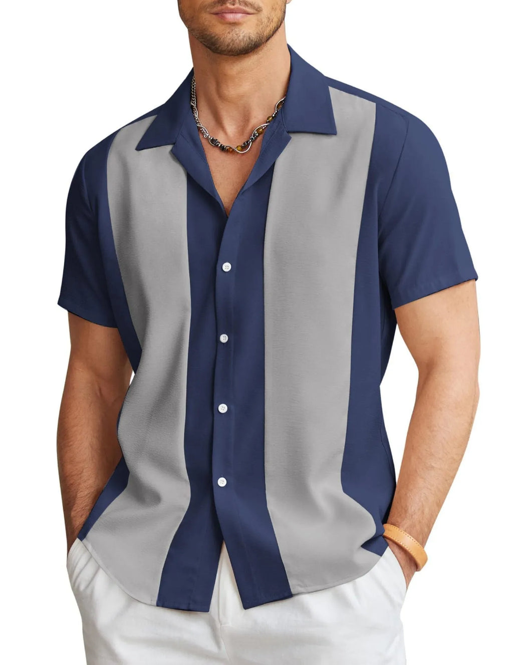 Men's slim fit Hawaiian shirt with digital print pattern in elastic polyester fabric.
