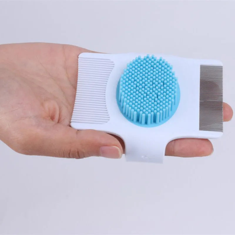 Blue and green handheld multifunctional dog grooming comb for hair removal and massage