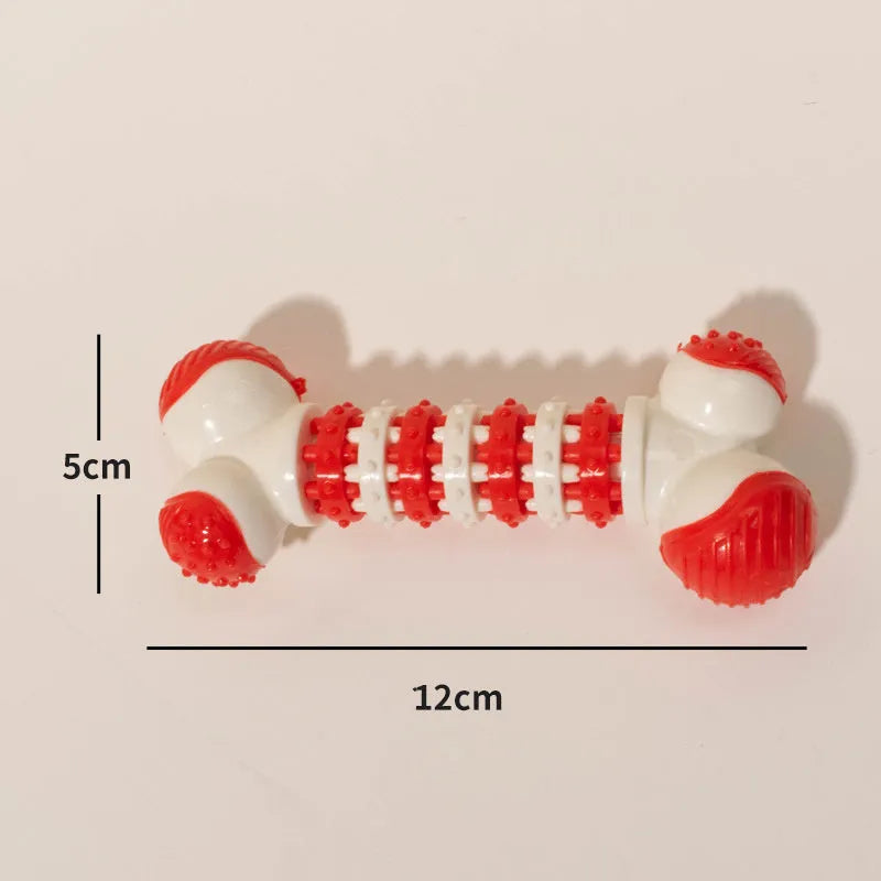 Bone-shaped interactive dog toy in blue, orange, or red for small breed puppies with chewable ends and treat holder