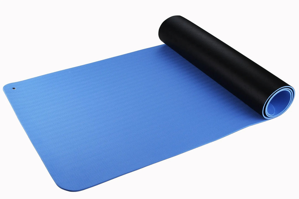 Blue conductive yoga mat with plants pattern, grounding wire, and 182 cm length for tall users
