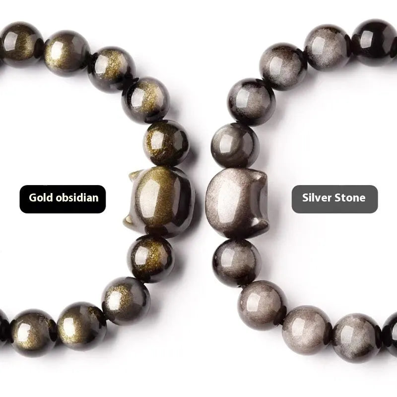 Obsidian cat head bracelet in gold or silver style with round polished stone beads