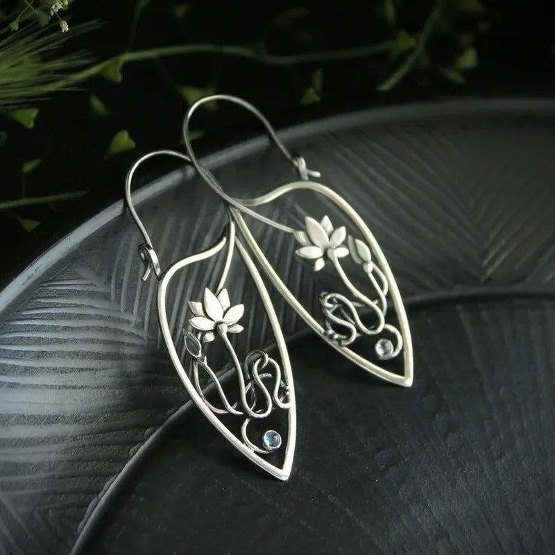 Silver lotus vine earrings with geometric retro design and round elements for women