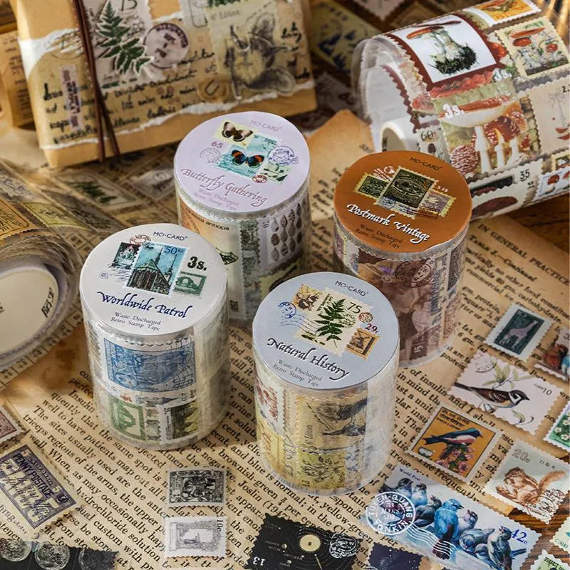 Retro DIY coated paper stamp roll with butterfly, forest, bird, and mushroom designs, 55mm wide and 2m long