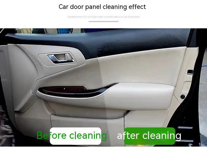 Bottle of enzyme-based fabric ceiling cleaner with towel and sponge wipes on a car roof