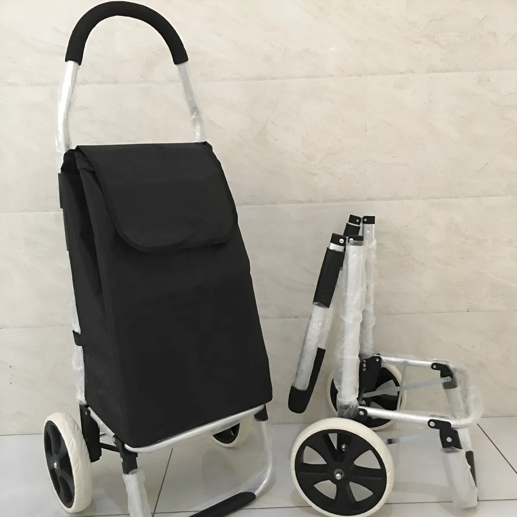 Aluminium alloy folding shopping cart pull rod trolley in black or cyan with white ring bull wheel
