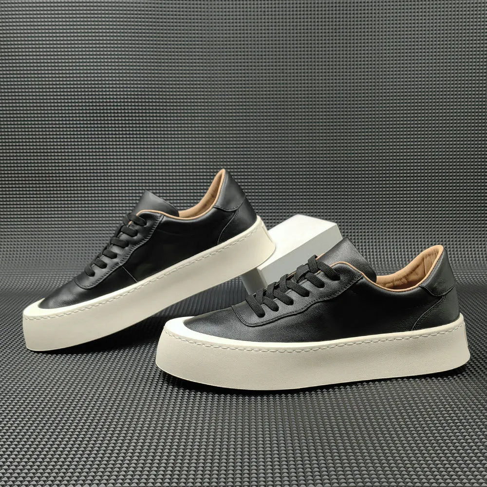 Boys black platform board shoes with cowhide upper and thick rubber sole