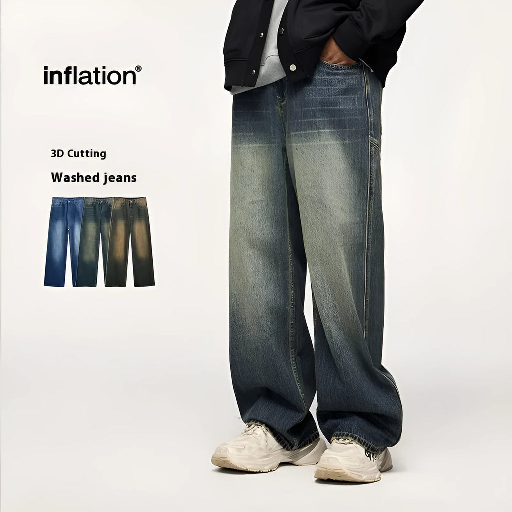Man wearing washed vintage blue wide leg jeans with a straight leg and mid-waist cut