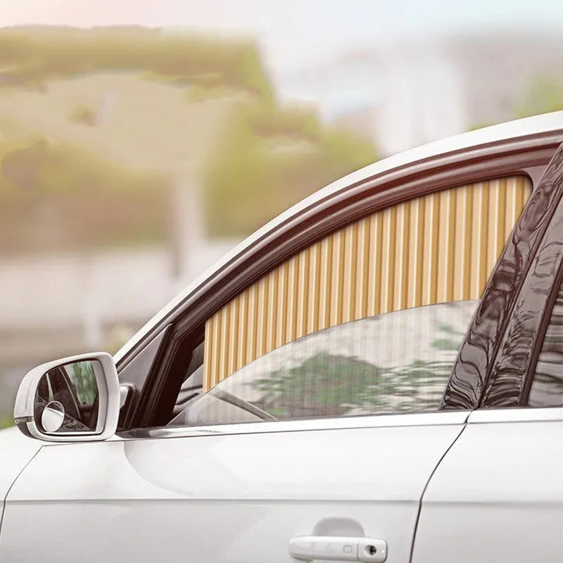Auto retractable sun curtain in black colour showing flexible cloth material and roller shutter mechanism for car windows