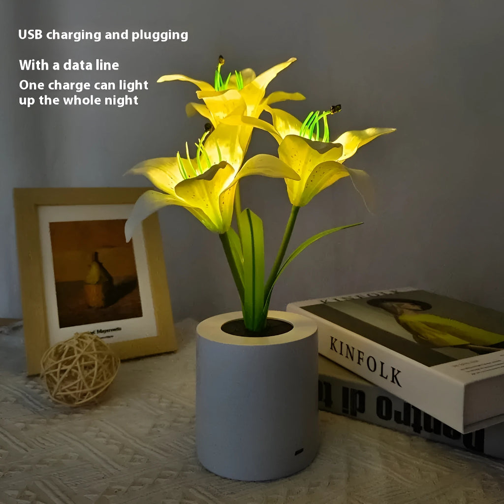 Rechargeable LED lily flower pot lamp in lily-white or lily-pink, flower-shaped ambience light with 300W rating