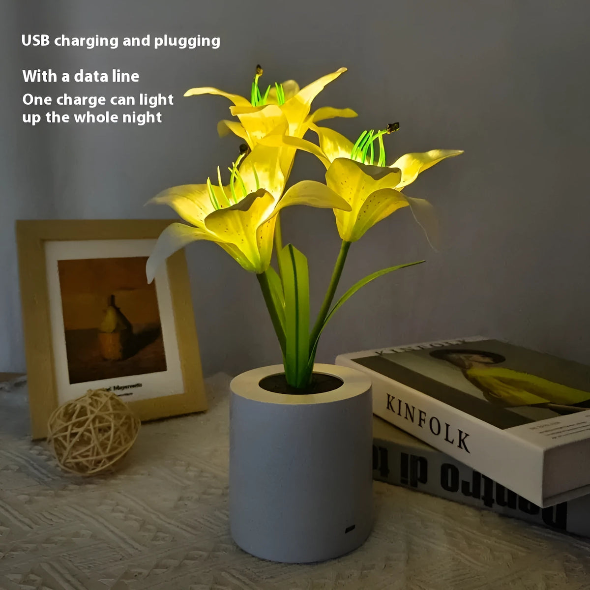 Rechargeable LED lily flower pot lamp in lily-white or lily-pink, flower-shaped ambience light with 300W rating