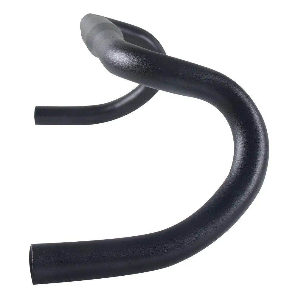 Black aluminium alloy road bike handlebar showing 420mm width and racing bend profile