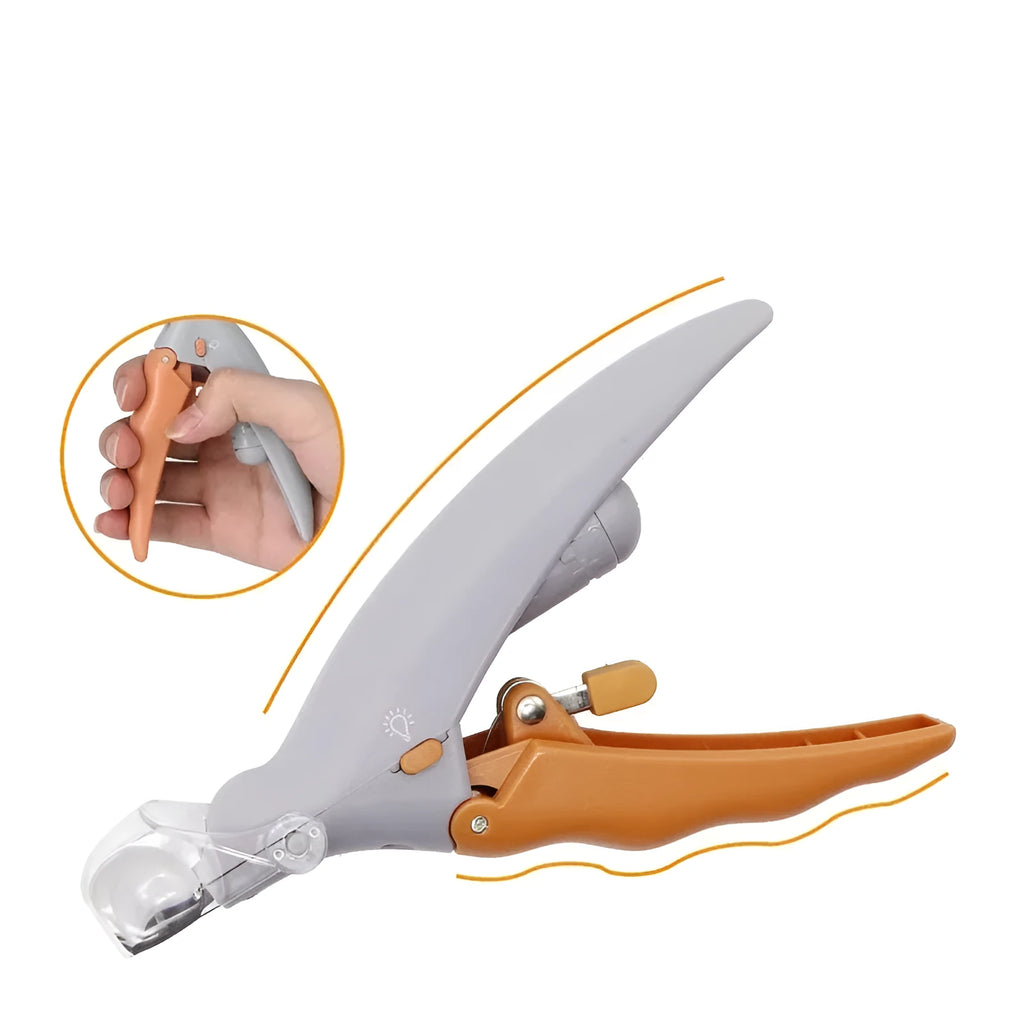 Yellow pet nail clipper with LED light on, magnifying lens, and safety guard for dogs and cats
