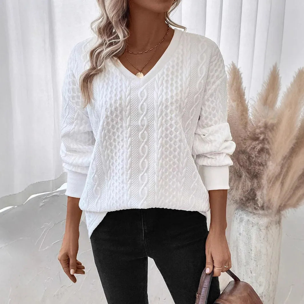 Milky White loose long sleeve T-shirt with 3D pattern, showing front view of polyester fabric and regular sleeves