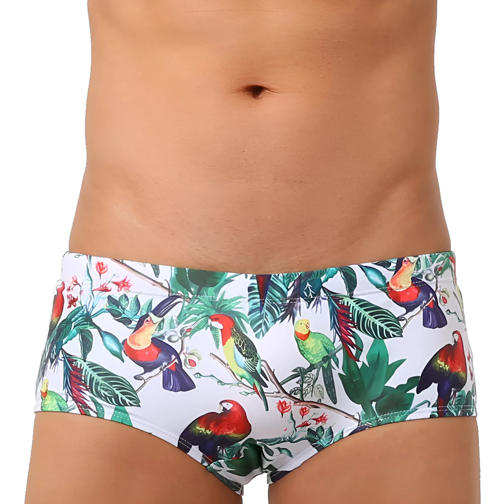 Men's swimming trunks with flower-bird print pattern in nylon small boxer style