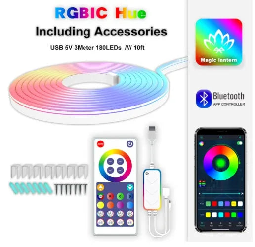 3-metre flexible RGB neon light strip with USB connector and remote control for interior lighting
