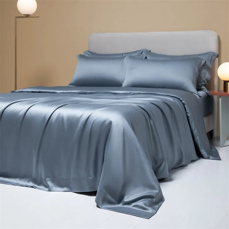 200 thread count Lenzing Tencel quilt sheets in Aurora Blue colour on a UK double bed
