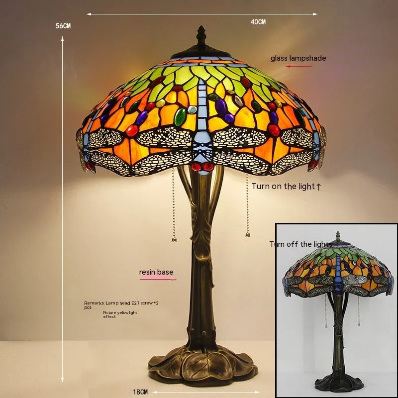Tiffany dragonfly stone table lamp in blue or green, European-style design with 7W LED bulb for bedroom or living room