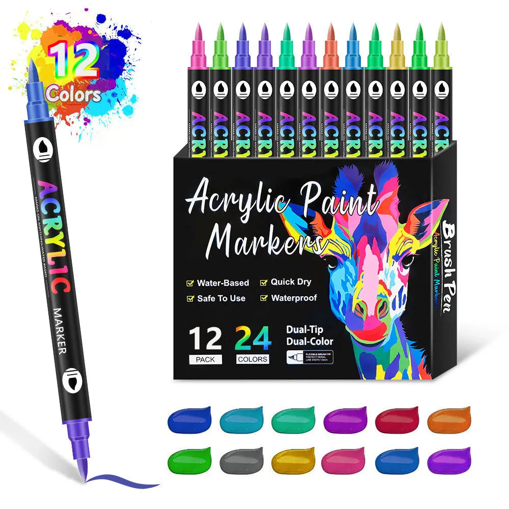 Set of double-headed acrylic marker pens with washable, opaque quick-drying ink in various colours.
