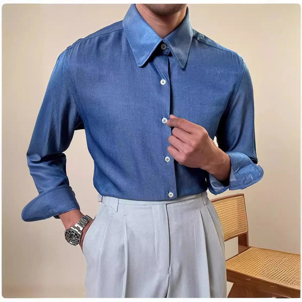 Men's slim-fit business shirt with round collar in blue colour options