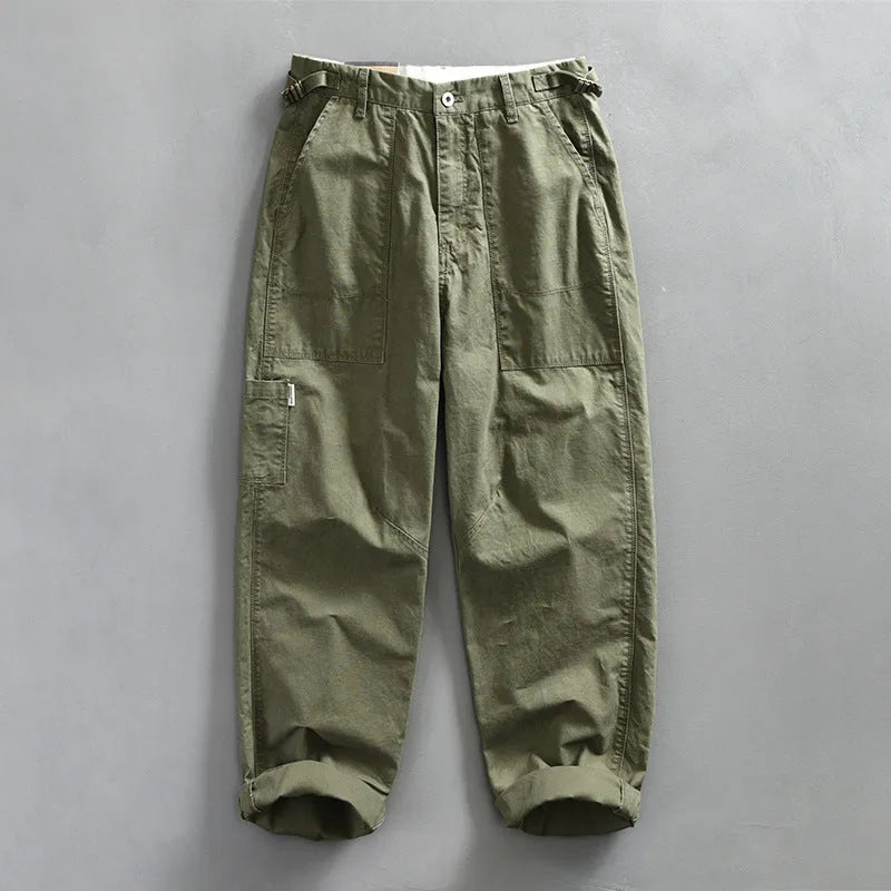 Men's straight-leg cotton trousers in apricot colour with mid waist design