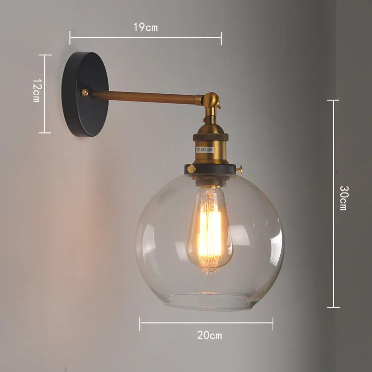20cm retro round ball glass wall lamp with aluminium E27 holder, 220V, in transparent, amber, or smoky grey