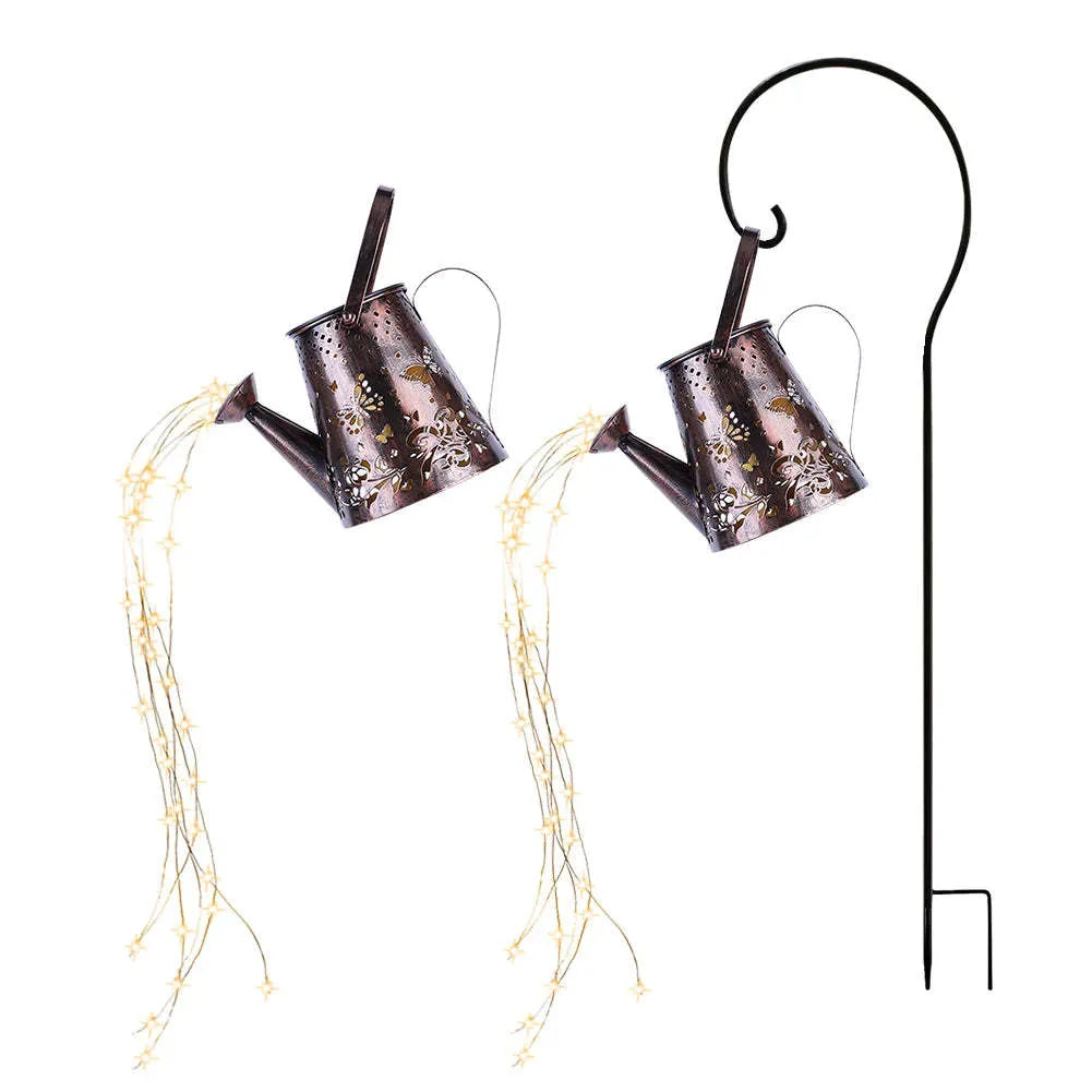 Solar-powered iron garden lamp with tapered butterfly design and warm white LED illumination