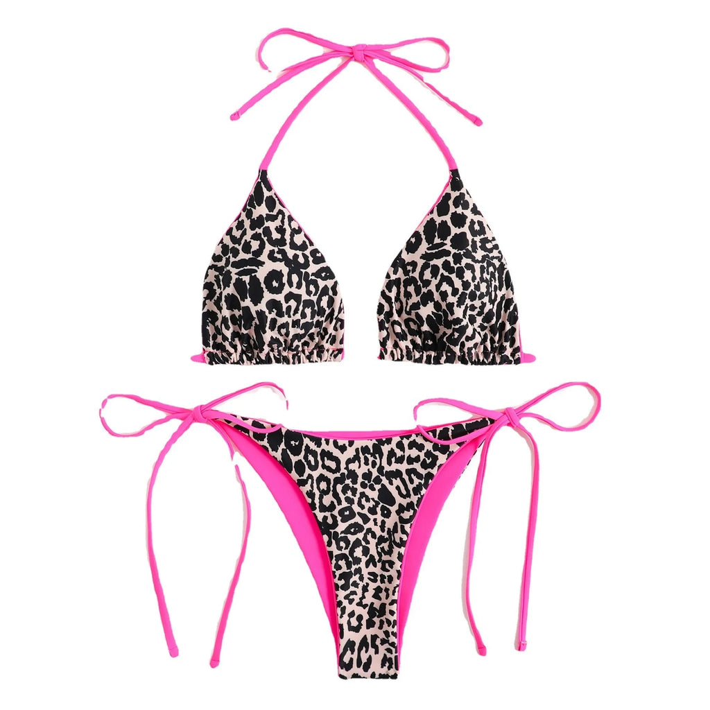 Women's lace-up front triangle bikini top with cheeky split bottoms in a solid colour.