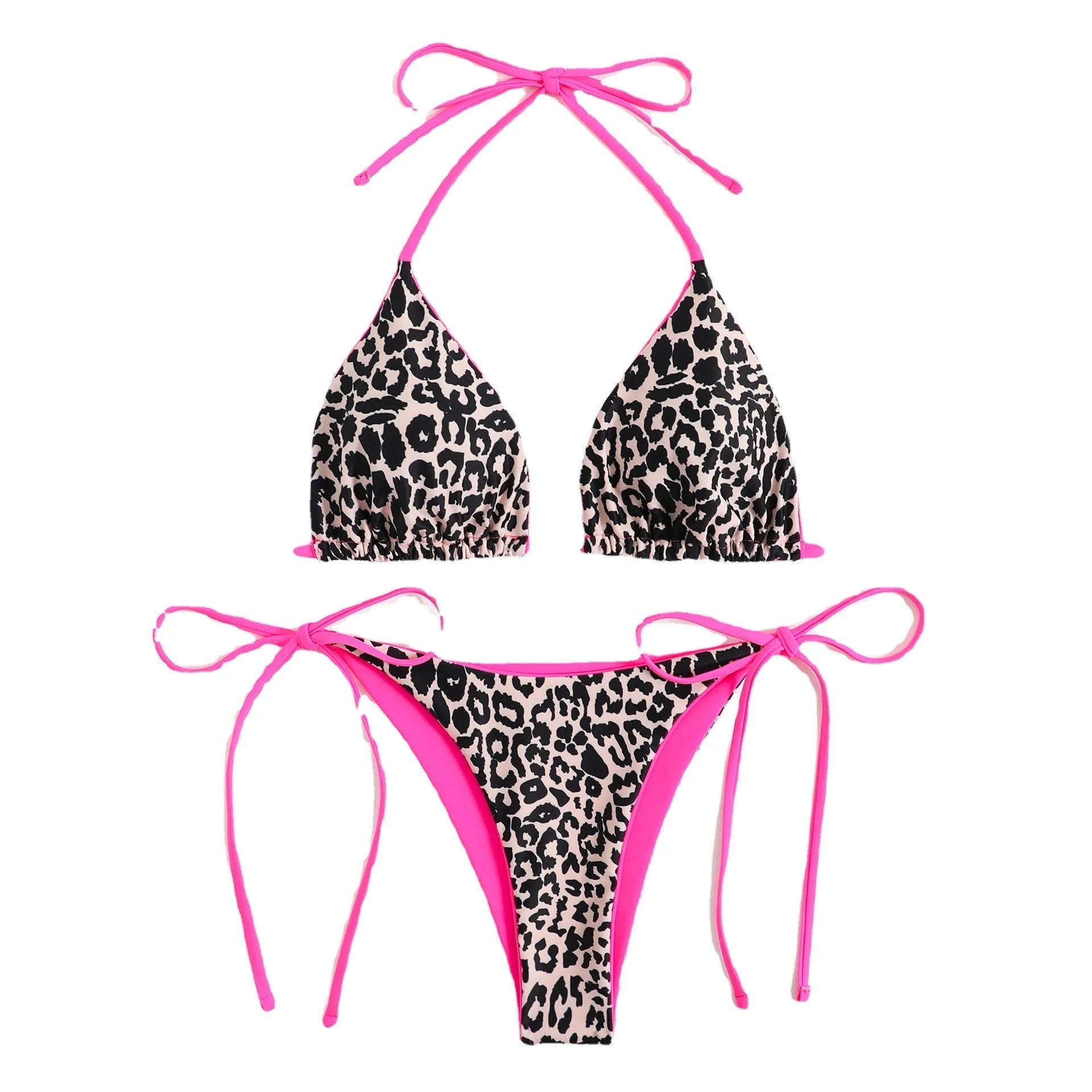 Women's lace-up front triangle bikini top with cheeky split bottoms in a solid colour.