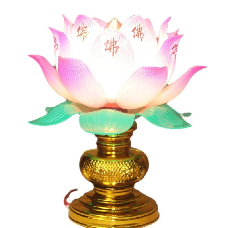 Buddha worship lamp with lotus design and colourful light, plug-in electric altar light
