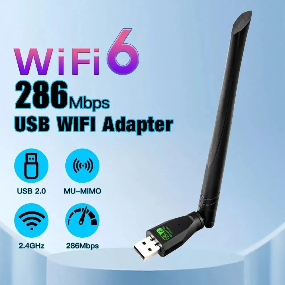 Black USB WiFi6 wireless network card with compact design for driver-free computer connectivity