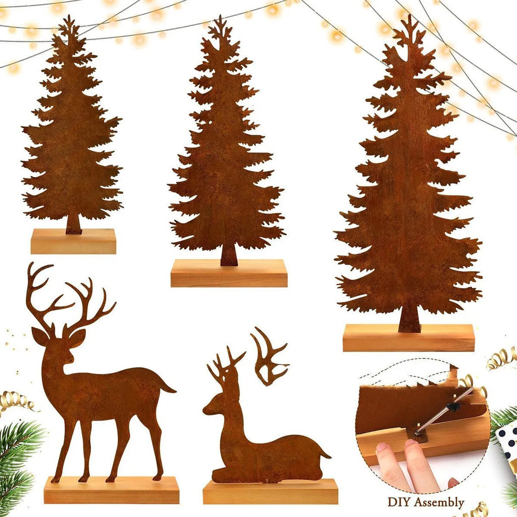 Three metal Christmas tree ornaments with elk designs, rusty iron finish, 15-25cm height