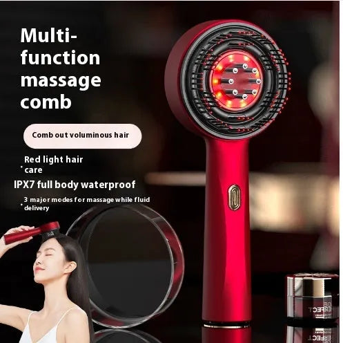 Electric massage comb with red light, anti-slip handle, 21x8.5x3cm, grey black or red, 1400mAh battery.