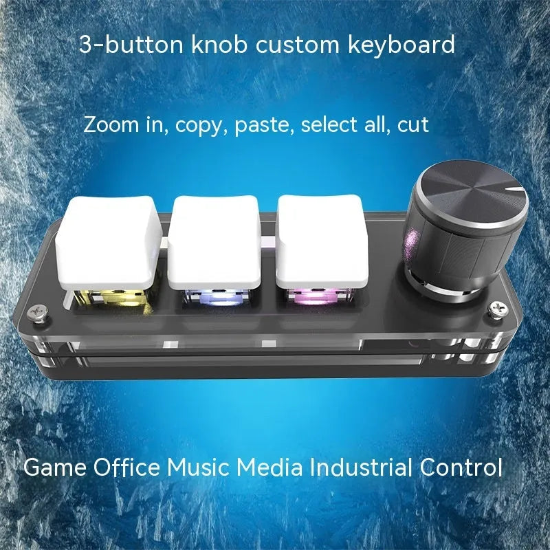 Black custom mechanical keypad with RGB backlight showing copy and paste keys, measuring 15cm wide