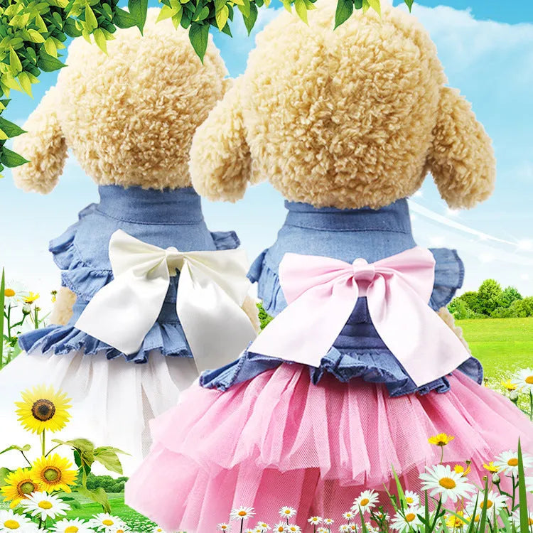 Korean-style denim dog skirt with bow detail in white or pink yarn, shown on a model dog.