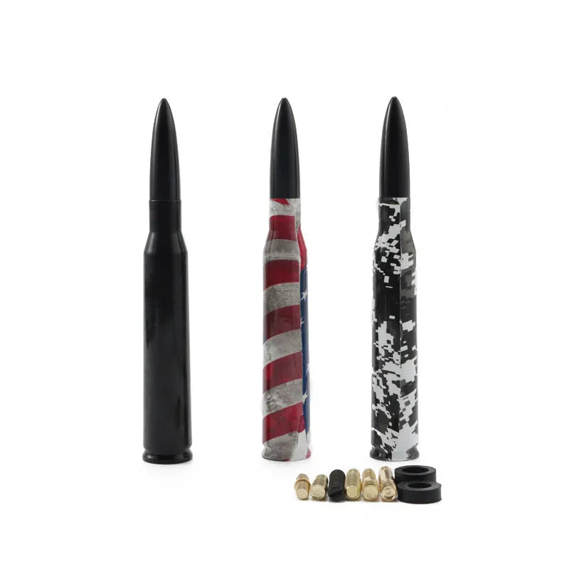 Universal 14cm car bullet antenna shown in black, camouflage green, and American flag designs.