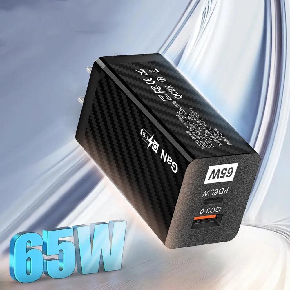 Gallium Nitride 65W quick charge laptop universal charger in black or white with compact 38x35x105mm dimensions