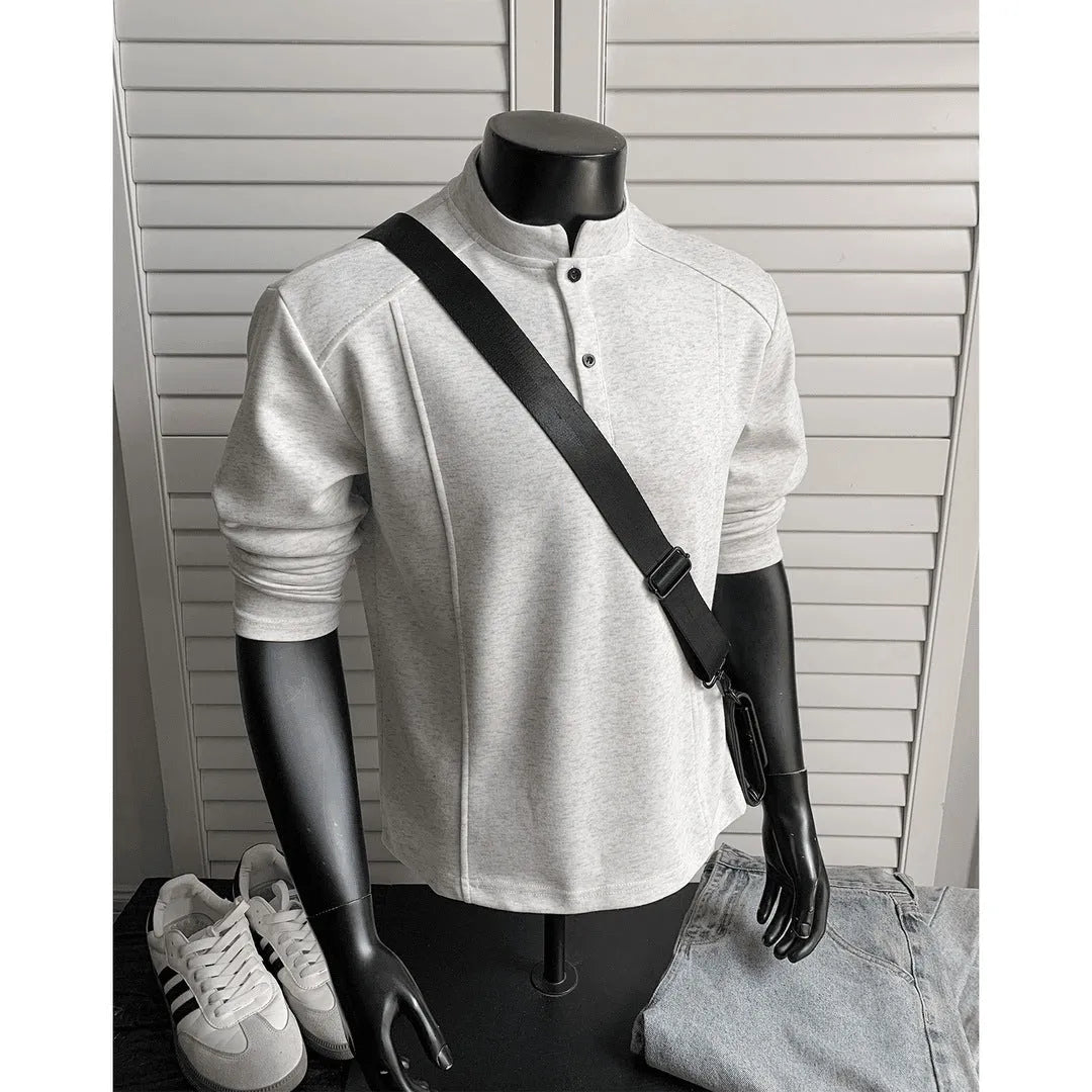 Men's patchwork stand-up collar polo shirt in heather gray with asymmetric design