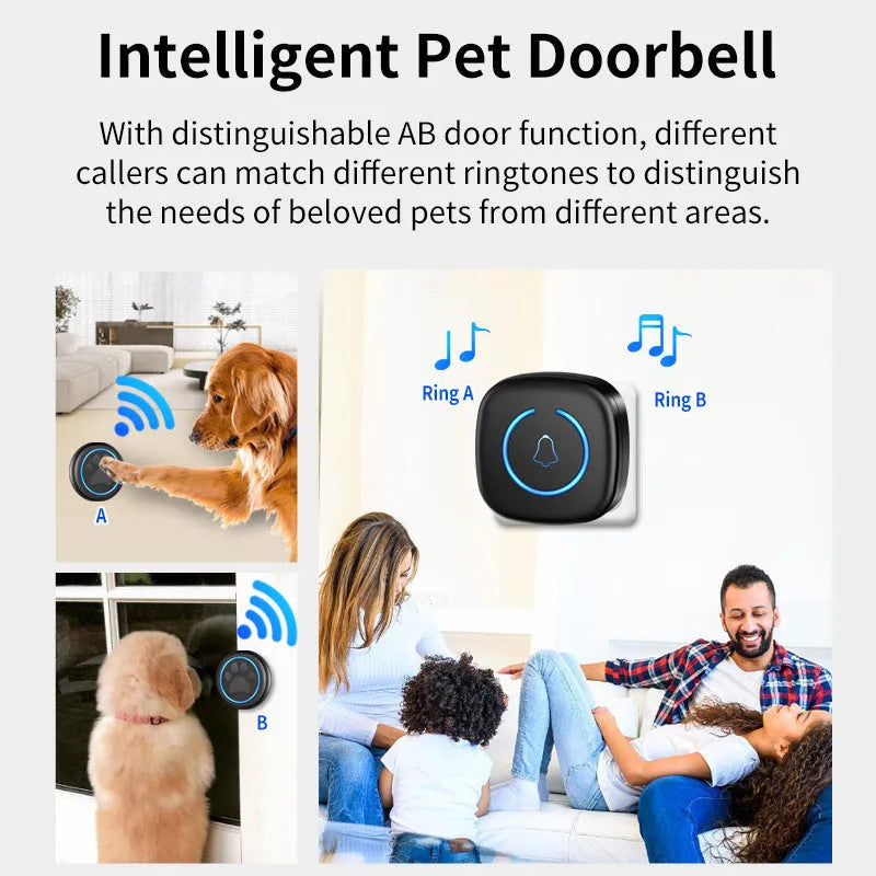 Black and white waterproof pet touch doorbell for dog training with wireless receiver.